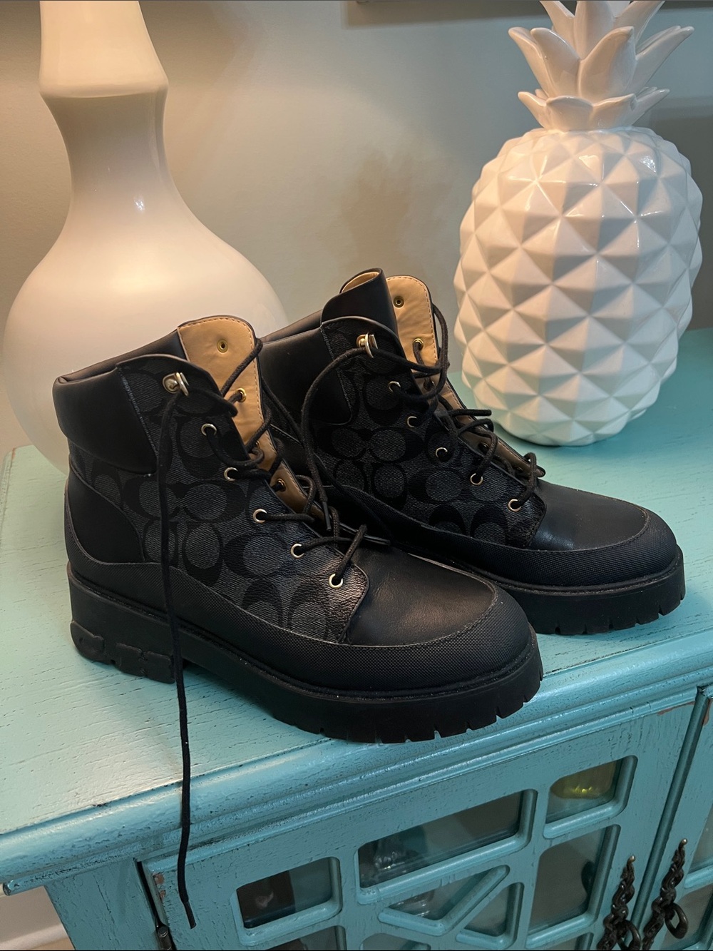 Coach Black Signature Canvas Lace-Up Women's Boots